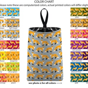 May include: Color chart showing different color options for a fox print fabric tote bag. The bag is grey with orange foxes. The color chart shows the fabric in various colors, including pale aqua, aqua, pale taupe, light taupe, pale grey, light grey, olive, dark olive, tan, dark tan, pink, hot pink, coral pink, raspberry, dark purple, grape, sunflower, tangerine, celery, citrus green, dark lavender, plum, peacock blue, navy, coral orange, peach, jade, and dark jade.