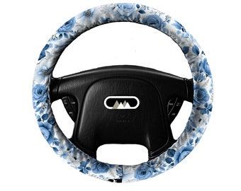 Lightly Padded Non Slip Steering Wheel Cover - Blue and White Roses - Car Accessories Soft English Country Classic Floral China Blue Cottage