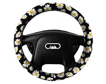 Lightly Padded Non Slip Steering Wheel Cover -Daisies - Car Accessories Cozy Soft Floral Flowers Black White Yellow Fabric Daisy Wildflower