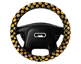 Lightly Padded Non Slip Steering Wheel Cover - Emoji - Car Accessory Accessories Cozy Soft Auto Smiley Face Black Cute Quirky Fun Steer
