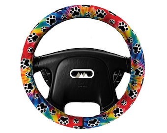 Lightly Padded Non Slip Steering Wheel Cover - Tie Dye Paw Print - Car Accessory Accessories Cozy Soft Auto Pet Dog Cat