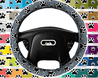 Lightly Padded Non Slip Steering Wheel Cover - Paw Print - Car Accessories Black Grey White Soft  Driving Cat Dog Rescue Pet Vet Lover