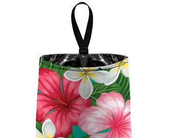 Car Trash Bag // Auto Trash Bag // Car Accessories // Car Litter Bag // Car Garbage Bag - Hibiscus Floral Flower Hawaiian Leaves Pink