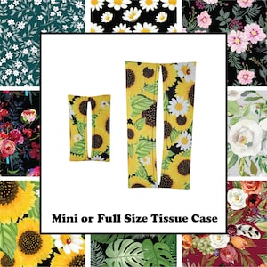 May include: Two tissue box covers, one mini and one full-size, with a sunflower and daisy pattern. The text "Mini or Full Size Tissue Case" is displayed below the tissue boxes. The background features various floral patterns.