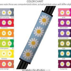 May include: Color chart showing 12 different colors with a daisy pattern. The colors are: grey, light cool grey, dark, melon, raspberry, peach, tangerine, lime, citrus green, cream, banana, pink, coral orange, hot pink, dark purple, grape, dark lavender, plum, sage, dark sage, jade, dark jade, burgundy, and wine.