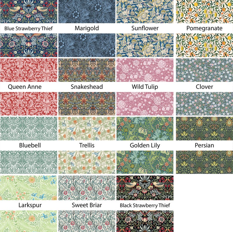 Pu&ograve; includere: Una griglia di campioni di tessuto con motivi floreali e botanici. Ogni campione ha un design e una combinazione di colori diversi, tra cui blu, rosso, verde e rosa. I nomi dei motivi sono visualizzati sotto ogni campione.