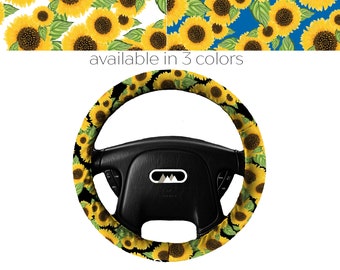 Lightly Padded Steering Wheel Cover - Sunflowers - Car Accessory Accessories Yellow Floral Black Blue White Cozy Soft Non Slip steer flower