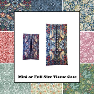 May include: Two tissue box covers, one mini and one full size, with a floral and bird pattern in blue, red, yellow, and green. The covers are surrounded by various floral pattern samples. Text reads "Mini or Full Size Tissue Case."