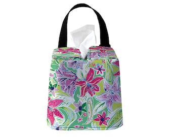 Headrest Auto Sneeze Box - Pink Tigerlily - Car Accessory Automobile Caddy Tissue Case Travel Accessories Preppy Lilly Print Floral