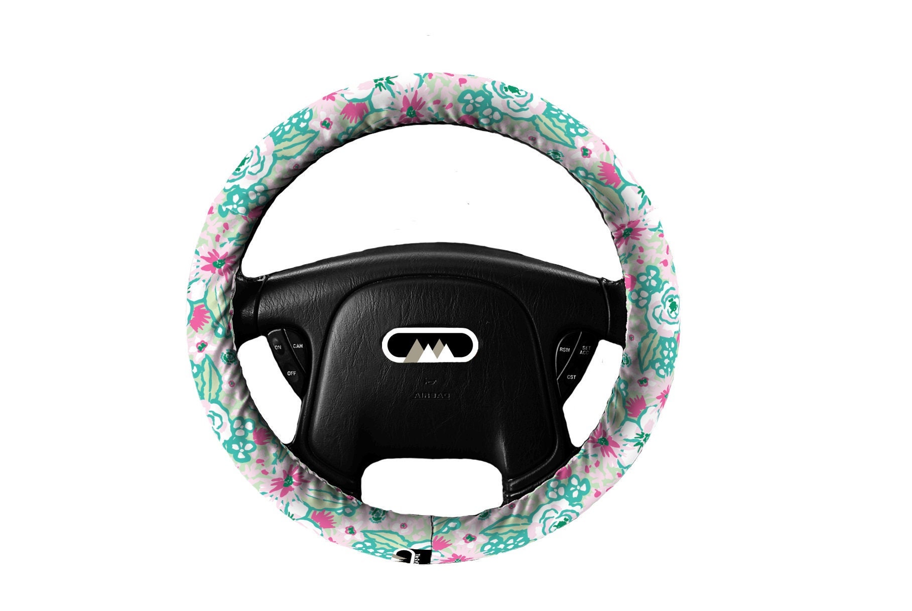 Lightly Padded Non Slip Steering Wheel Cover - Cotton Candy Floral - Car Accessory Accessories Cozy Soft Pink Flowers Preppy Pastel Mint
