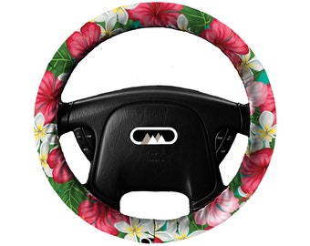 Lightly Padded Non Slip Steering Wheel Cover - Hawaiian Hibiscus - Car Accessory Accessories Cozy Soft Hawaii Hula Girl Floral flowers Moana