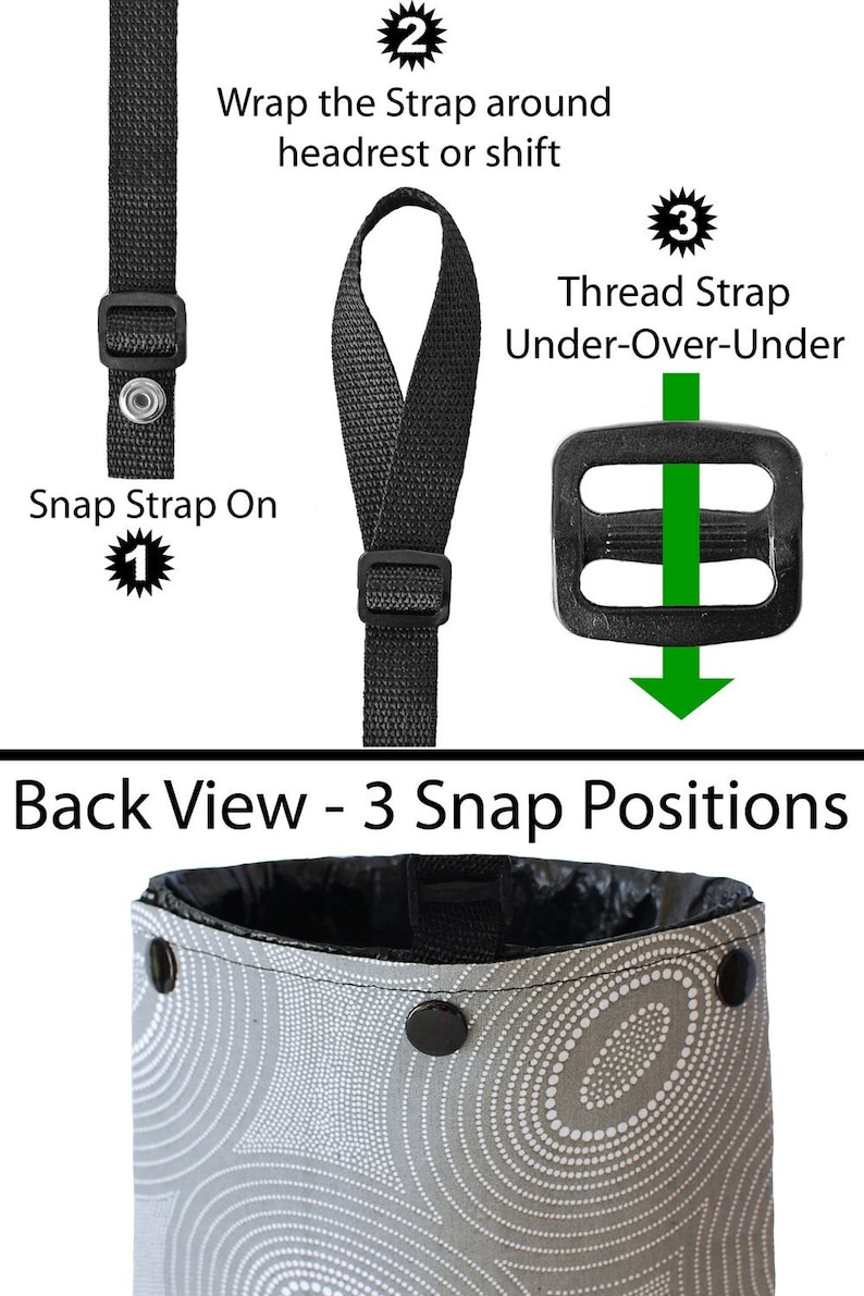 May include: A black strap with a snap closure and a buckle. The strap can be wrapped around a headrest or chair and secured with the buckle. The image shows three snap positions on the back of a gray and white patterned bag.