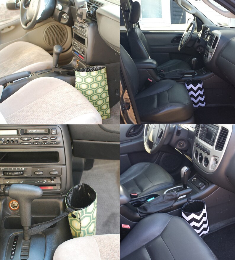 May include: Two different car interiors with a black and white chevron patterned trash can and a green and white geometric patterned trash can. The trash cans are hanging from the center console.
