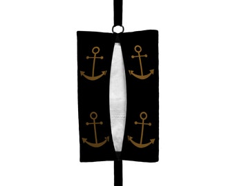 Auto Sneeze - Anchors - Visor Tissue Case/Cozy - Car Accessory Automobile Gold Bronze Dark Tan White Nautical Sailor Navy Boat Sailing