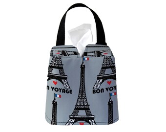 Headrest Auto Sneeze Box - Eiffel Tower Paris - Light Grey - Car Accessory Automobile Caddy Tissue Case Travel Road Roadtrip Europe