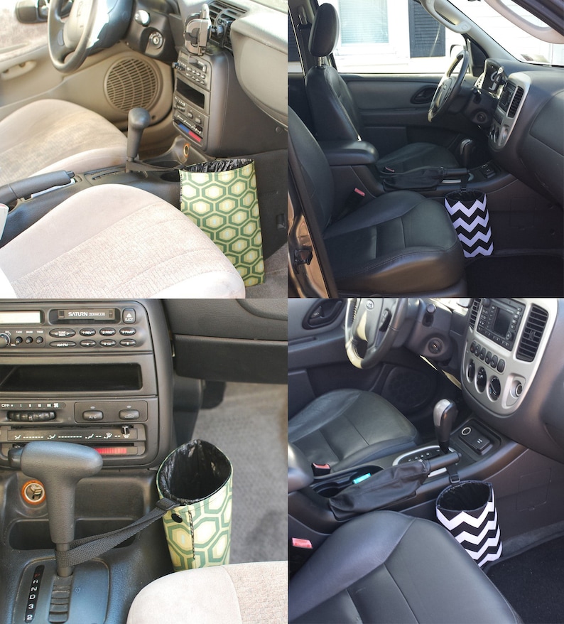 May include: Two car interiors with a black and white chevron patterned trash can and a green and white geometric patterned trash can. The trash cans are hanging from the gear shift.
