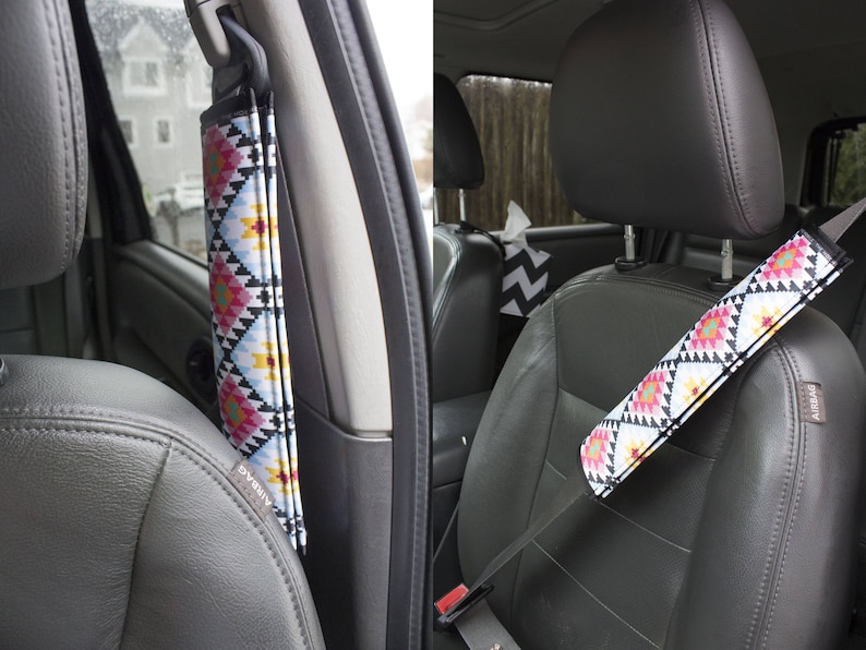 Seat Belt Cover // AUTO PAD // Car Accessories // seat belt pad Black Watercolor Floral seatbelt purple white coral image 2