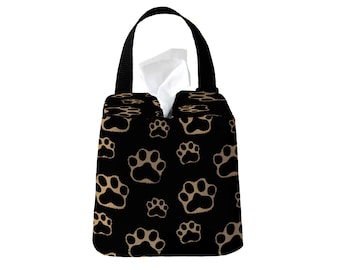 Headrest Auto Sneeze Box - Paw Print Black Tan - Car Accessory Automobile Caddy Tissue Case Pet Dog Cat Mom Animal Lover Vet Gift Dad