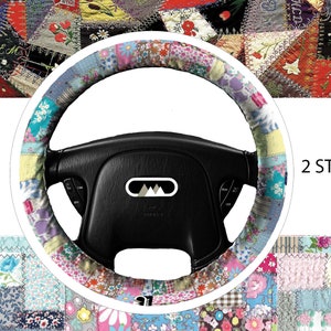 Lightly Padded Non Slip Steering Wheel Cover - Patchwork - Car Accessory Crazy Quilt Cozy Automobile Ditsy Calico Floral Quilt Vintage Soft