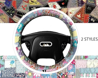 Lightly Padded Non Slip Steering Wheel Cover - Patchwork - Car Accessory Crazy Quilt Cozy Automobile Ditsy Calico Floral Quilt Vintage Soft