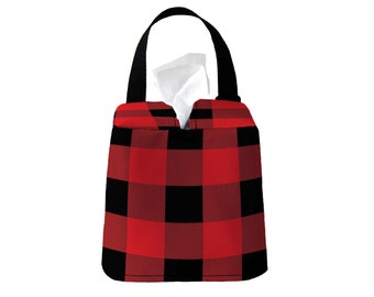 Headrest Auto Sneeze Box - Buffalo Plaid - Car Accessory Automobile Caddy Tissue Case Gingham Checker Buffalo Check Red Black Custom