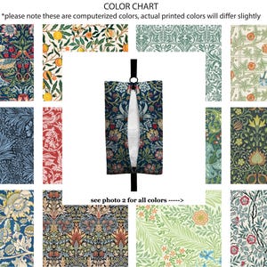 Puede incluir: Una carta de colores con varios patrones de tela, incluyendo diseños florales y botánicos en tonos de azul, verde, rojo y amarillo. El texto "COLOR CHART" y una nota sobre las variaciones de color están en la parte superior. Una funda para caja de pañuelos con un patrón floral está en el centro.