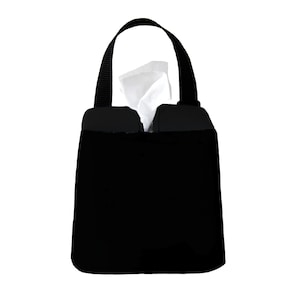 May include: Black tissue box holder with a handle. The holder is made of fabric and has a white tissue box inside.