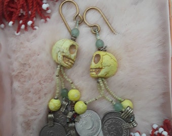 Skull and Semi Precious Stone earrings with brass ear wire in 18 gauge or 14 guage.