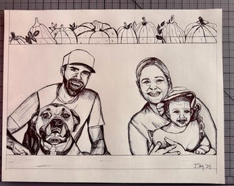 Custom Portrait Drawing - Hand Drawn, Pen and Paper Drawing, 11x14”, Matted, Unframed