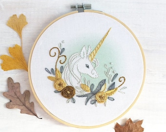 PDF Pattern Floral Unicorn Hand Embroidery download, Beginner level Modern Hoop Art Design