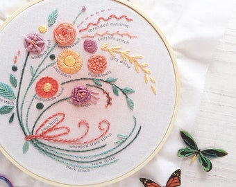 Hand Embroidery Full Kit Floral Bouquet, Beginner Embroidery design, craft kit, DIY Sampler