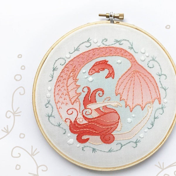 Mermaid Beginner Hand Embroidery Kit with color printed fabric, Perfect for making Modern Embroidery Hoop Art, Mermaid Decor