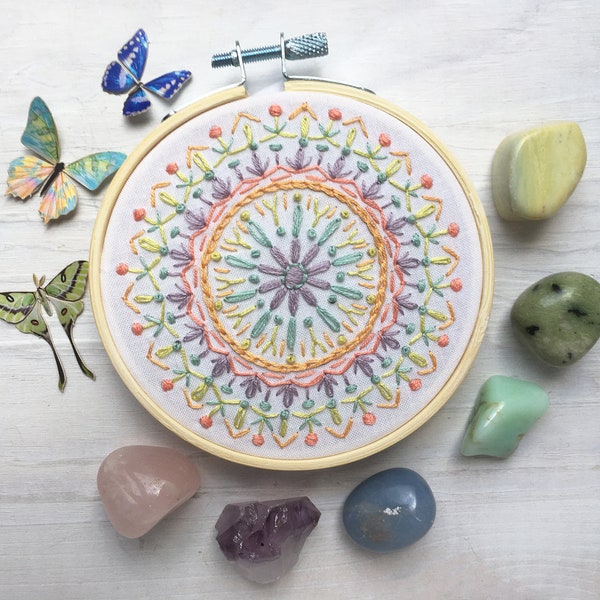 Learn to Embroider with this Mini Mandala Beginner Hand Embroidery printed fabric Sampler, make a Modern Embroidery Hoop Art Dream Catcher