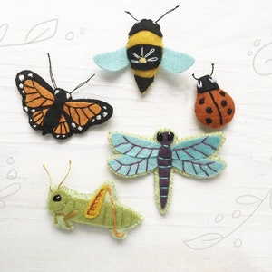 Beautiful Bugs Sewing Pattern PDF download, felt animals, butterfly, ladybug, dragonfly, bee