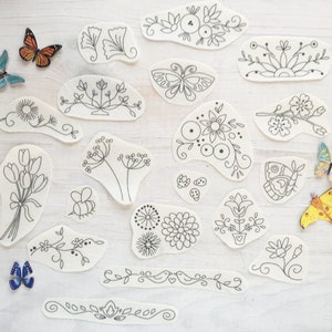 19 Floral Stick and Stitch embroidery designs, hand embroidery patterns, garden, flowers and plants, bugs