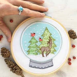 Winter Snow Globe Hand Embroidery color printed fabric sampler, Christmas Embroidery Hoop Art