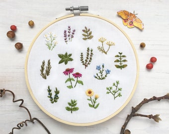 Tiny Herbs Hand Embroidery Pattern PDF Download, Embroidery Hoop Art, pressed flowers, dried herbs