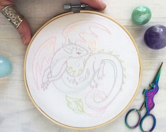 Pastel Dragon Hand Embroidery Sampler, Beginner DIY fantasy hoop art