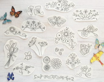 19 Floral Stick and Stitch embroidery designs, hand embroidery patterns, garden, flowers and plants, bugs