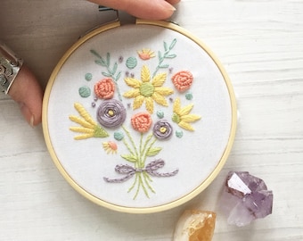 Fairy Flower Bouquet Hand Embroidery 4 inch printed fabric Stitch Sampler, rainbow floral tiny mini