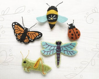 Beautiful Bugs Sewing Pattern PDF download, felt animals, butterfly, ladybug, dragonfly, bee