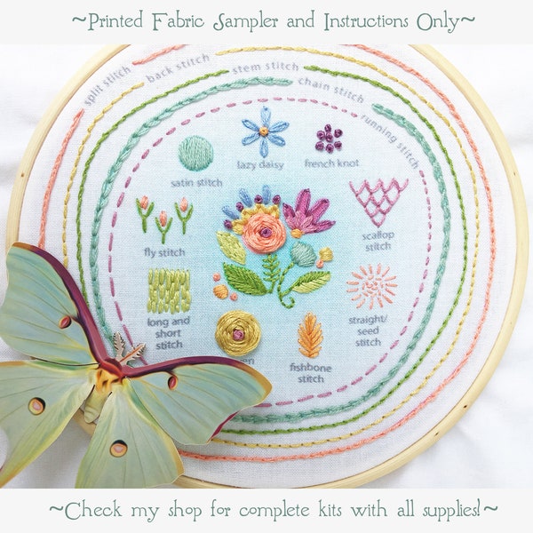 Stitch Sampler Beginner Embroidery design, printed Hand Embroidery Hoop Art Design, DIY Sampler