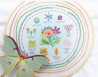 Stitch Sampler Beginner Embroidery design, printed Hand Embroidery Hoop Art Design, DIY Sampler