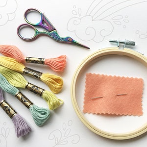 Hand Embroidery Sewing Kit, Rainbow floss, scissors, hoop, needles and instructions, add your own fabric