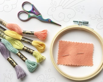 Hand Embroidery Sewing Kit, Rainbow floss, scissors, hoop, needles and instructions, add your own fabric