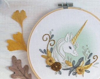Floral Unicorn Hand Embroidery Kit, DIY Craft Gift, Modern Embroidery Needlework Hoop Art
