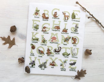 Woodland Animals Alphabet ABC hand embroidery fabric sampler