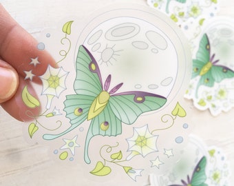 Clear Luna Moth Full Moon transparent Vinyl Sticker, celestial moonflower