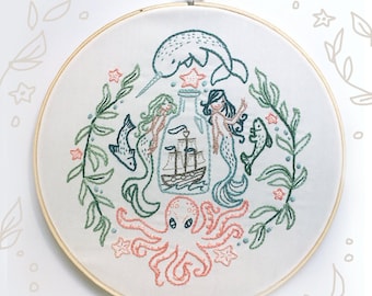 Ship in a Bottle Hand Embroidery Pattern PDF Download, Mermaids, Narwhal, Octopus embroidery hoop art