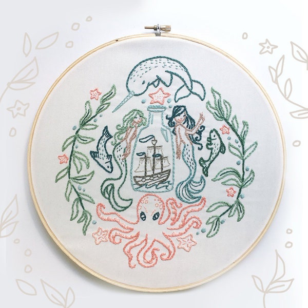 Ship in a Bottle Hand Embroidery Pattern PDF Download, Mermaids, Narwhal, Octopus embroidery hoop art